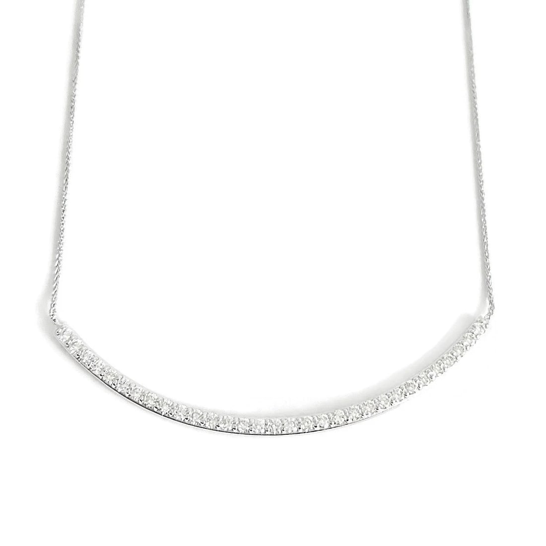 CURVED DIAMOND BAR SMILE PENDANT NECKLACE 14K WHITE GOLD: Curved Diamond Bar Smile Pendant Necklace 14K White Gold Brand: Unbranded Type/Style: Necklace Material: 14K White Gold, Main Stone/Creation Natural Color: Silver Size: Length: 15 inches Pendant: 2.5 