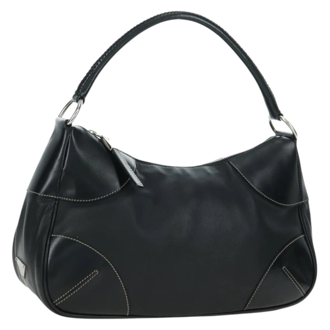 PRADA HAND BAG LEATHER BLACK SILVER: PRADA Hand Bag Leather Black Silver Brand: PRADA Type/Style: Hand Bag Material: Leather Color: Black/Silver Size: Size(Inch) W13.0 x H7.1 x D4.3inch(Approx) Accessories: None Accessories Notice: When