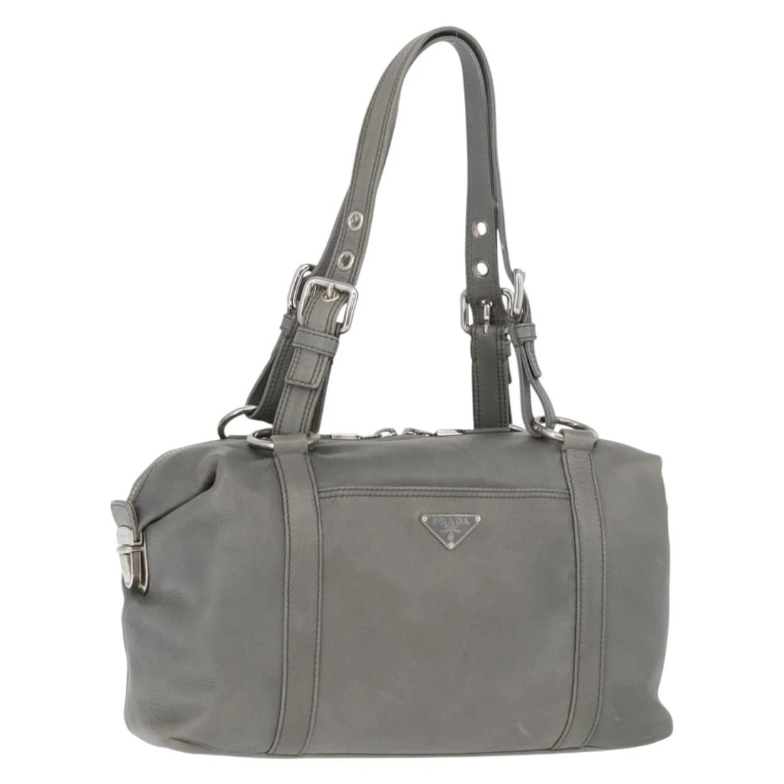 PRADA HAND BAG LEATHER GRAY SILVER: PRADA Hand Bag Leather Gray Silver Brand: PRADA Type/Style: Hand Bag Material: Leather Color: Gray/Silver Size: Size(Inch) W12.6 x H6.7 x D4.3inch(Approx) Accessories: None Accessories Notice: When