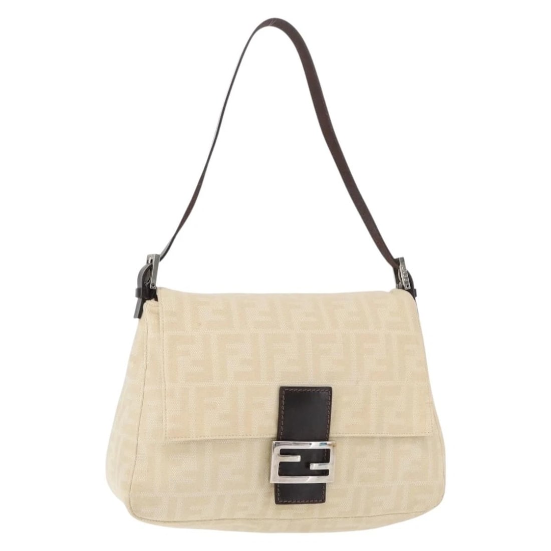 FENDI ZUCCA CANVAS MAMMA BAGUETTE SHOULDER BAG: FENDI Zucca Canvas Mamma Baguette Shoulder Bag Brand: FENDI Type/Style: Shoulder Bag Material: Zucca Canvas Color: Beige/Silver Size: Size(Inch) W11.0 x H7.5 x D3.9inch(Approx) Accessories: None <