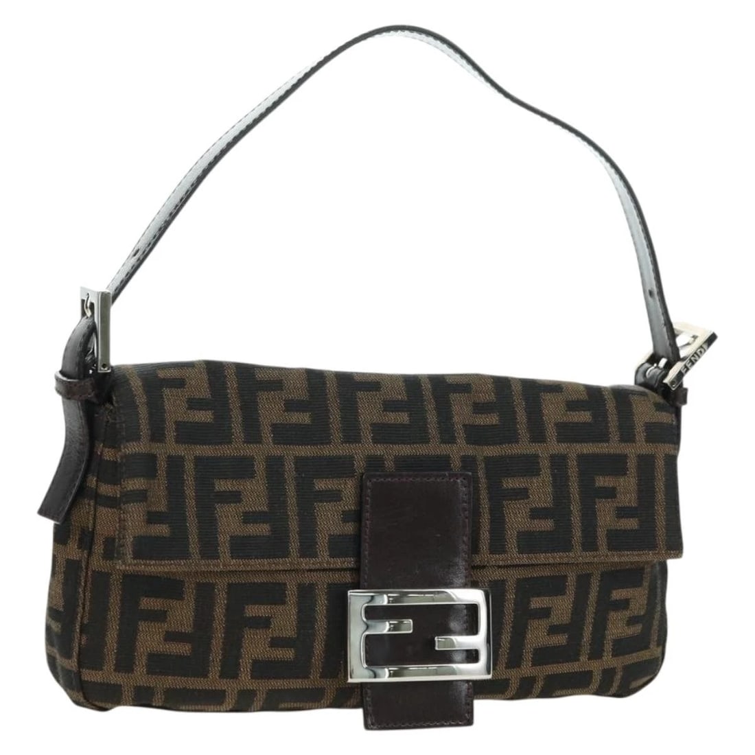 FENDI ZUCCA CANVAS MAMMA BAGUETTE SHOULDER BAG: FENDI Zucca Canvas Mamma Baguette Shoulder Bag Brand: FENDI Type/Style: Shoulder Bag Material: Zucca Canvas Color: Black/Brown Size: Size(Inch) W10.2 x H5.5 x D1.6inch(Approx) Accessories: None