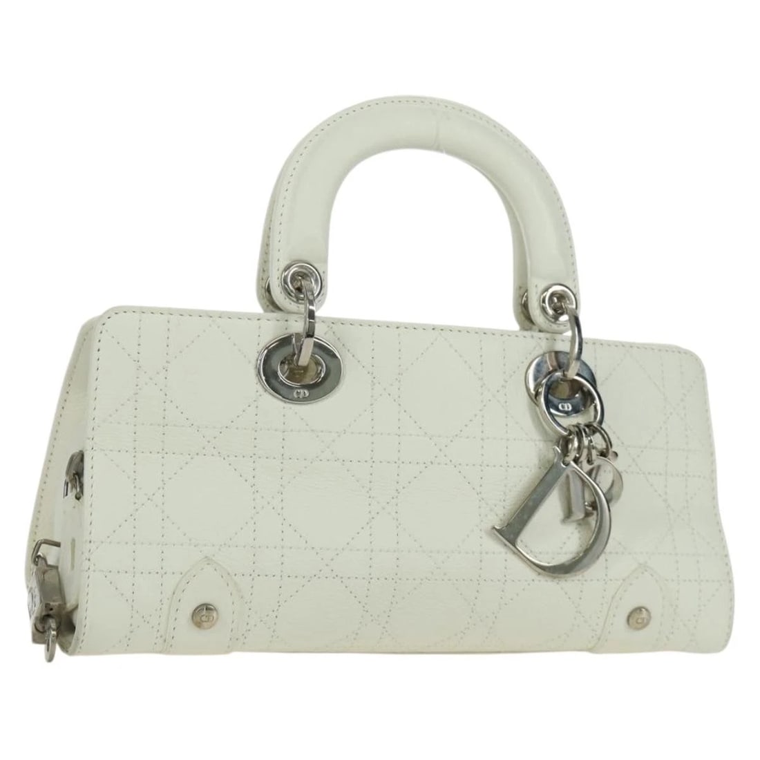 CHRISTIAN DIOR CANAGE MINI HAND BAG LEATHER: Christian Dior Canage Mini Hand Bag Leather Brand: Christian Dior Type/Style: Hand Bag Material: Leather Color: White/Silver Size: Size(Inch) W10.2 x H4.7 x D0.4inch(Approx) Accessories: None