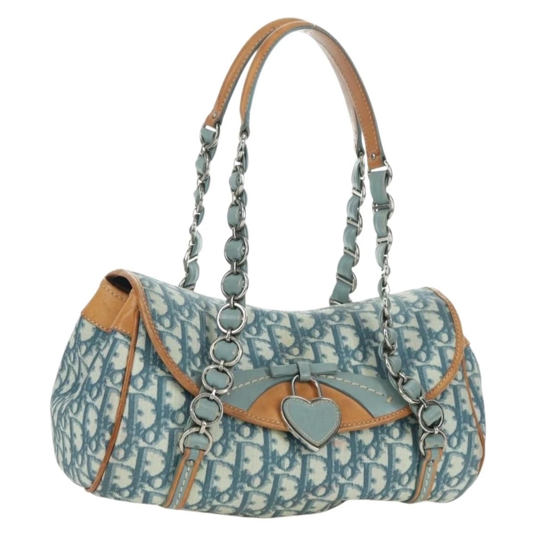 CHRISTIAN DIOR TROTTER CANVAS ROMANTIC CHAIN BAG: Christian Dior Trotter Canvas Romantic Chain Bag Brand: Christian Dior Type/Style: Shoulder Bag Material: PVC Leather/Trotter Canvas Color: Light Blue/Silver Size: Size(Inch) W10.6 x H5.9 x