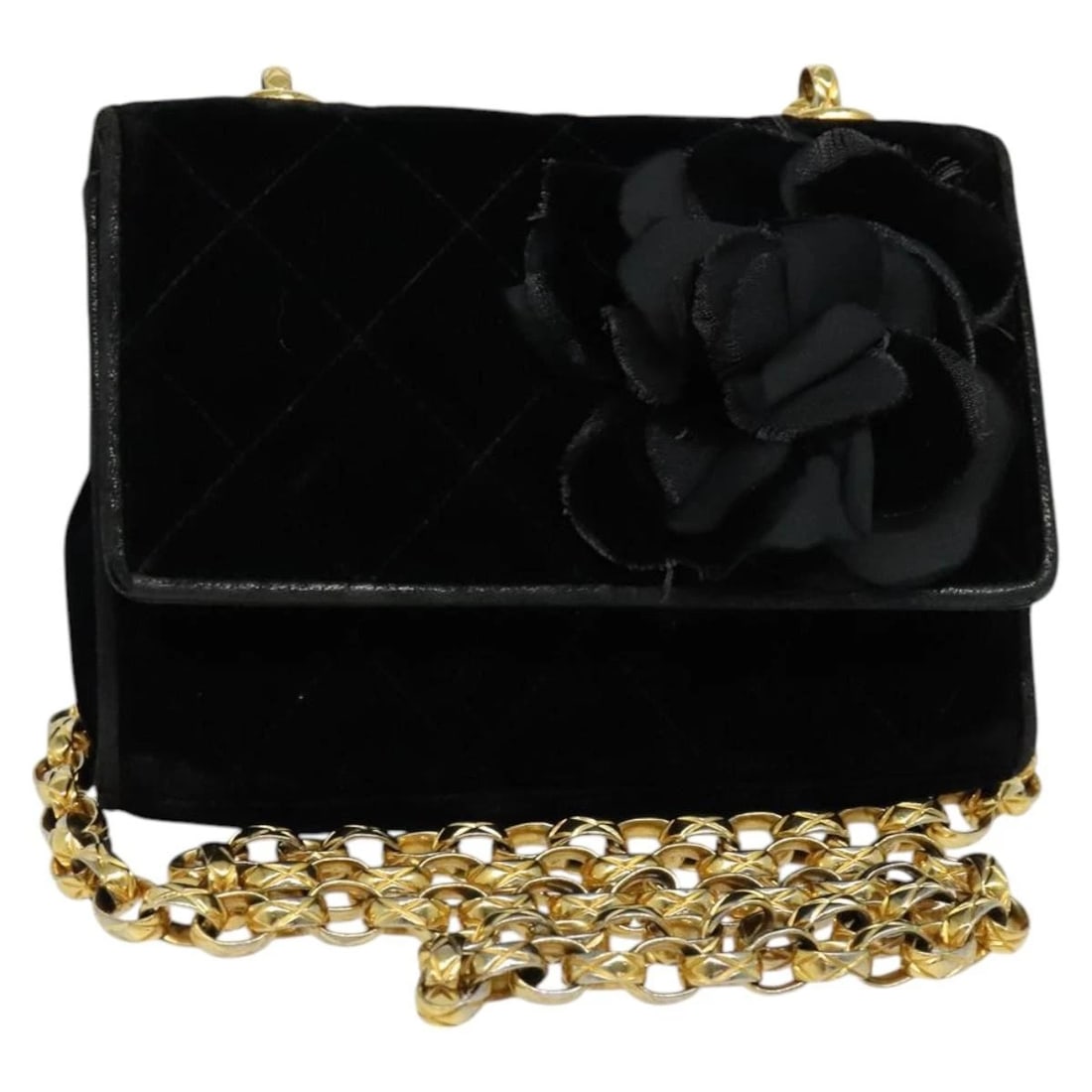 CHANEL MATELASSE CAMELLIA CHAIN SHOULDER BAG: CHANEL Matelasse Camellia Chain Shoulder Bag Brand: CHANEL Type/Style: Shoulder Bag Material: Velor Color: Black/Gold Size: Size(Inch) W5.9 x H4.7 x D1.2inch(Approx) Accessories: None Accessories