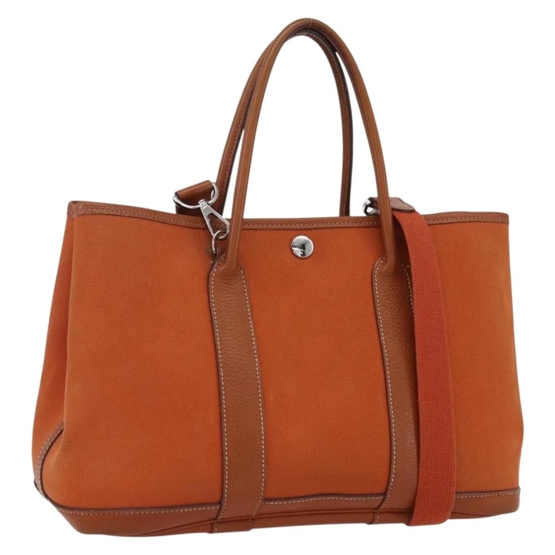 HERMES GARDEN PARTY TPM HAND BAG: HERMES Garden Party TPM Hand Bag Brand: HERMES Type/Style: Hand Bag Material: Canvas Color: Orange/Silver Size: Size(Inch) W11.4 x H7.9 x D5.1inch(Approx) Accessories: None Accessories Not