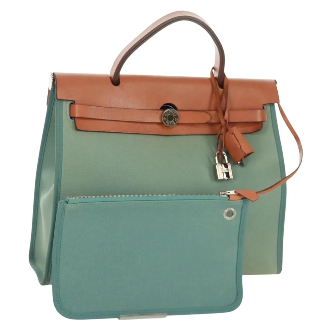 HERMES HERBAG ZIP PM HAND BAG CANVAS LEATHER: HERMES Herbag Zip PM Hand Bag Canvas Leather Brand: HERMES Type/Style: Hand Bag Material: Canvas Color: Green/Silver Size: Size(Inch) W11.8 x H9.1 x D3.9inch(Approx) Accessories: None Acce
