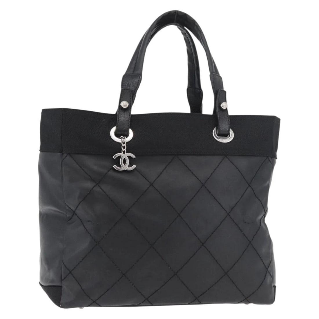 CHANEL PARIS BIARRITZ TOTE BAG COATED CANVAS: CHANEL Paris Biarritz Tote Bag Coated Canvas Brand: CHANEL Type/Style: Tote Bag Material: Coated Canvas Color: Black/Silver Size: Size(Inch) W13.4 x H11.0 x D5.5inch(Approx) Accessories: None