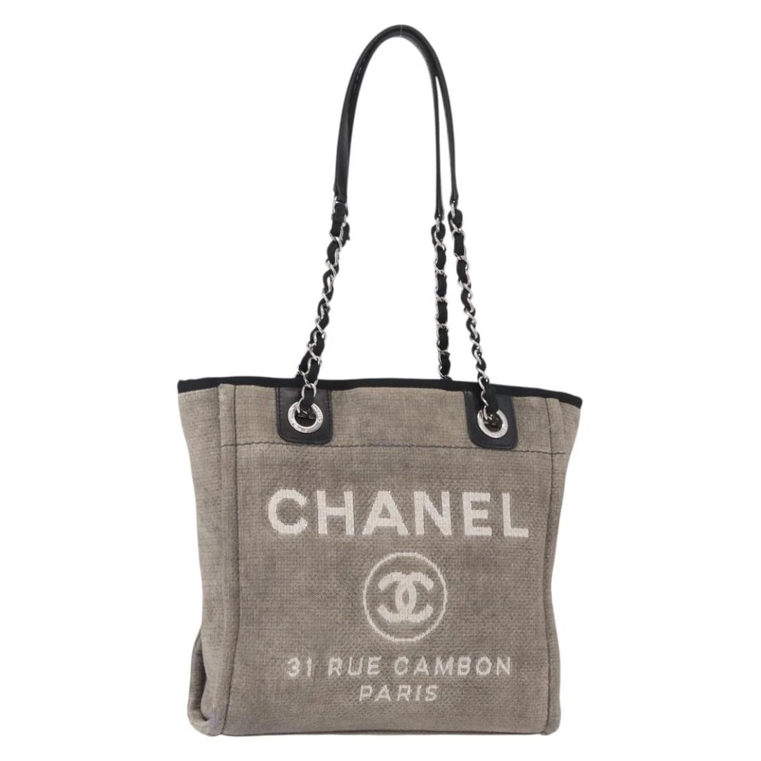 CHANEL DEAUVILLE LINE CHAIN TOTE BAG: CHANEL Deauville line Chain Tote Bag Brand: CHANEL Type/Style: Tote Bag Material: Canvas Color: Gray/Silver Size: Size(Inch) W10.2 x H10.6 x D2.8inch(Approx) Accessories: None Accessories
