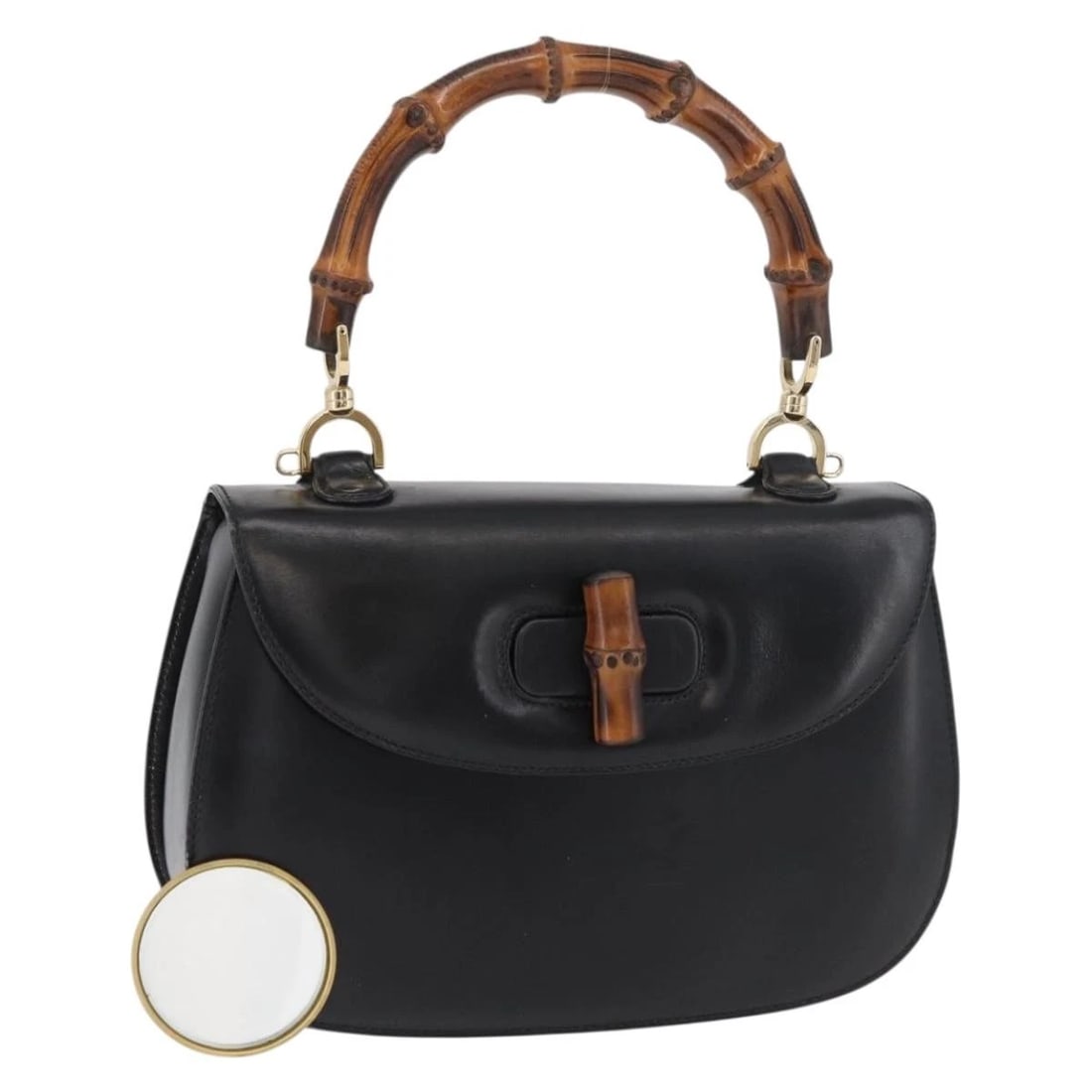 GUCCI BAMBOO HAND BAG LEATHER BLACK GOLD: GUCCI Bamboo Hand Bag Leather Black Gold Brand: GUCCI Type/Style: Hand Bag Material: Leather Color: Black/Gold Size: Size(Inch) W9.8 x H6.7 x D2.8inch(Approx) Accessories: None Accessories