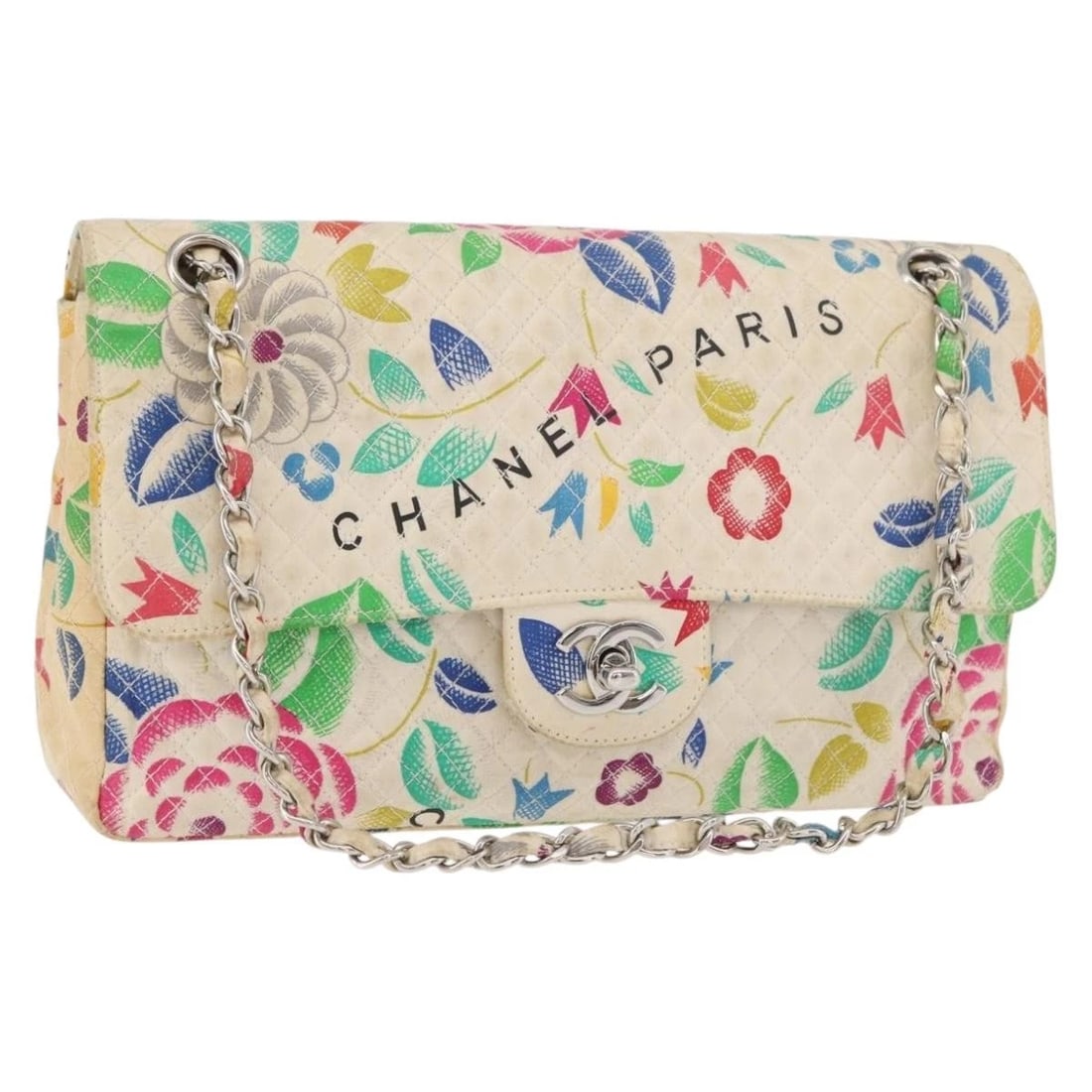 CHANEL MATELASSE 26 CHAIN SHOULDER BAG: CHANEL Matelasse 26 Chain Shoulder Bag Brand: CHANEL Type/Style: Shoulder Bag Material: Cotton Color: White/Silver Size: Size(Inch) W10.2 x H5.5 x D2.4inch(Approx) Accessories: None Access