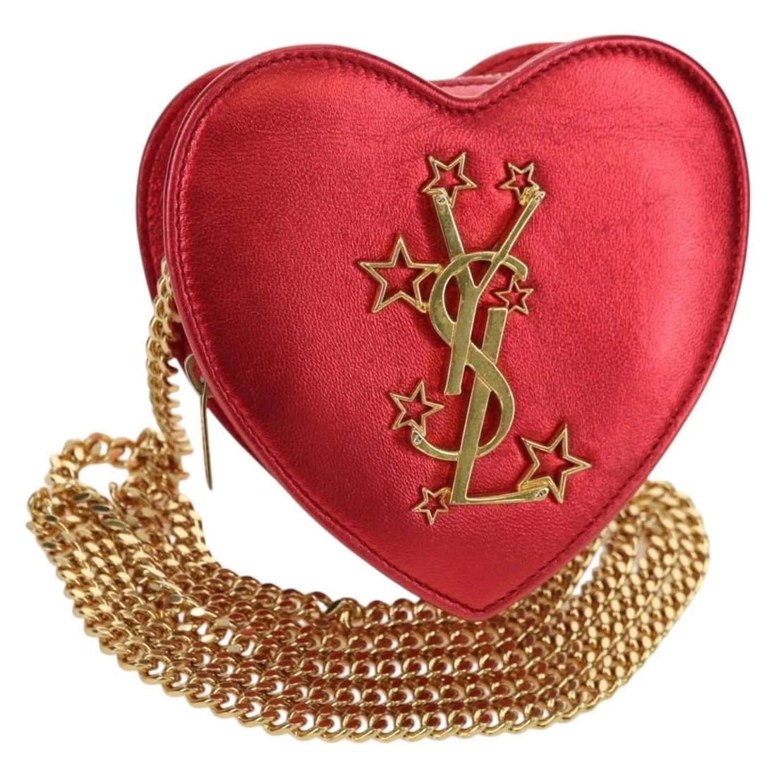 SAINT LAURENT LOVE HEART CHAIN SHOULDER BAG: SAINT LAURENT Love Heart Chain Shoulder Bag Brand: SAINT LAURENT Type/Style: Shoulder Bag Material: Leather Color: Red/Gold Size: Size(Inch) W4.3 x H4.3 x D2.0inch(Approx) Accessories: None
