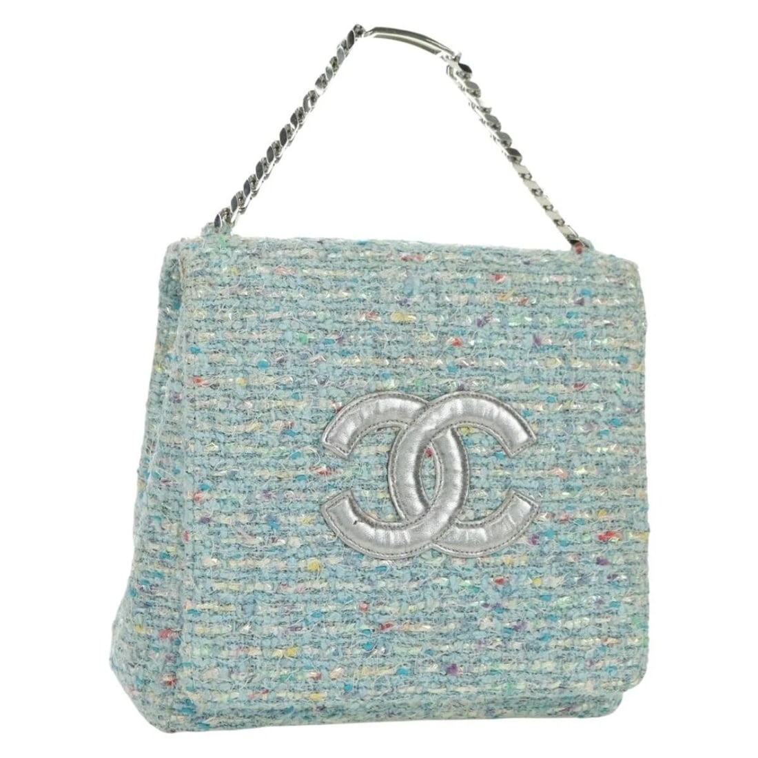 CHANEL CHAIN HAND BAG TWEED LIGHT BLUE SILVER: CHANEL Chain Hand Bag Tweed Light Blue Silver Brand: CHANEL Type/Style: Hand Bag Material: Canvas Color: Light Blue/Silver Size: Size(Inch) W9.1 x H8.7 x D4.3inch(Approx) Accessories: None