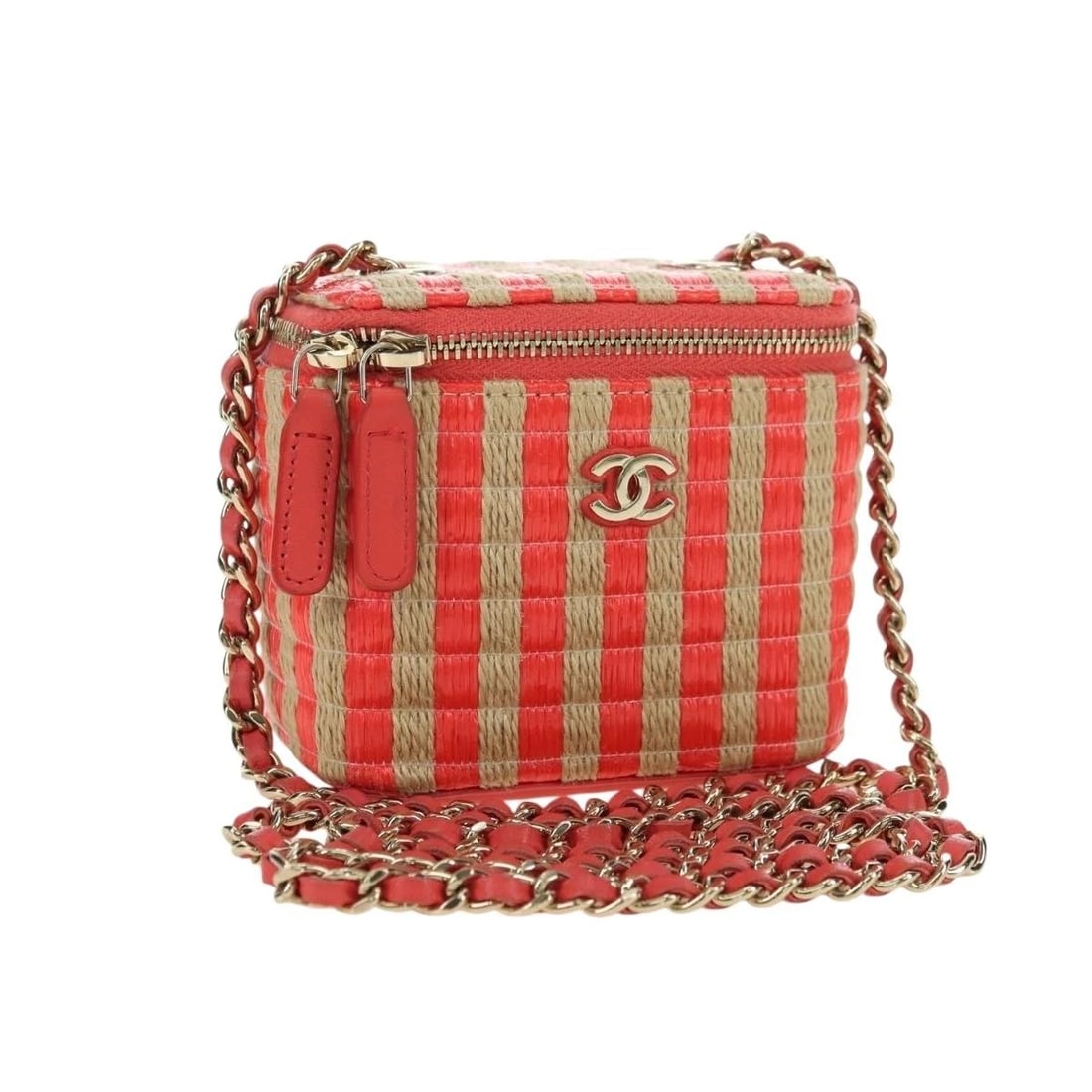 CHANEL CHAIN VANITY SHOULDER BAG RAFFIA: CHANEL Chain Vanity Shoulder Bag Raffia Brand: CHANEL Type/Style: Shoulder Bag Material: Leather Color: Red/Gold Size: Size(Inch) W3.9 x H3.5 x D2.8inch(Approx) Accessories: None Accessori