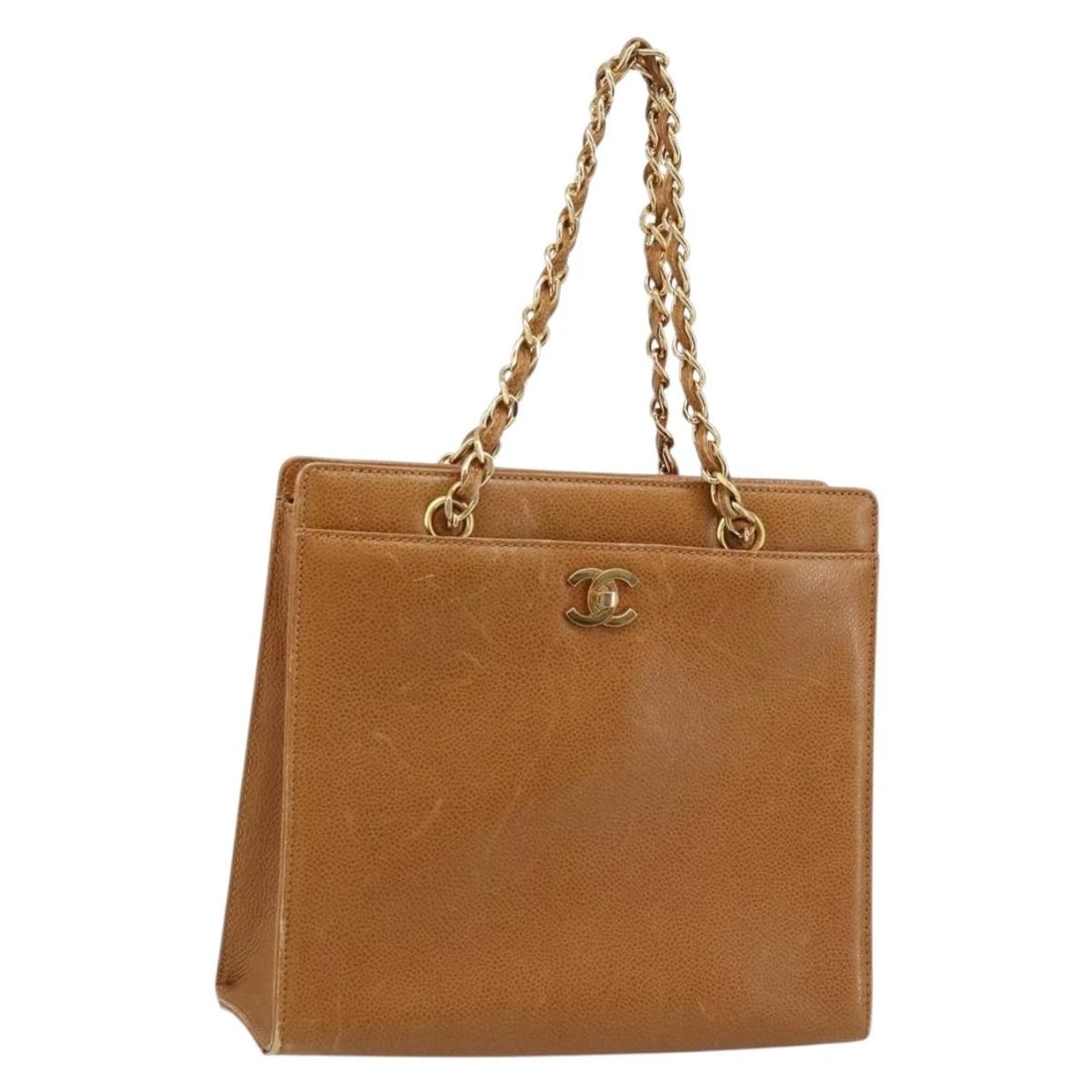 CHANEL CHAIN TOTE BAG GRAINED CALF SKIN: CHANEL Chain Tote Bag Grained Calf Skin Brand: CHANEL Type/Style: Tote Bag Material: Caviar Skin Color: Gold/Brown Size: Size(Inch) W9.8 x H9.1 x D3.5inch(Approx) Accessories: None Accesso