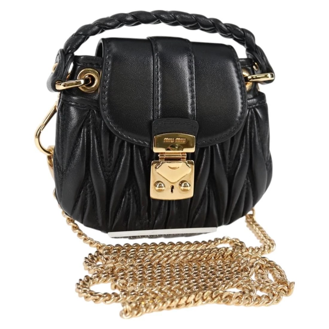 MIU MIU MATELASSE CHAIN POUCH SHOULDER BAG: Miu Miu Matelasse Chain Pouch Shoulder Bag Brand: Miu Miu Type/Style: Shoulder Bag Material: Leather Color: Black/Gold Size: Size(Inch) W4.3 x H3.1inch(Approx) Accessories: None Accessorie