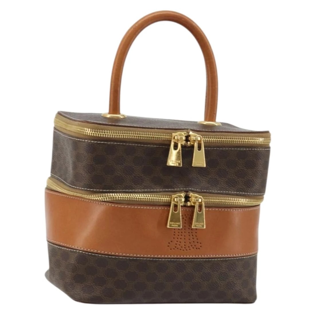 CELINE MACADAM CANVAS VANITY HAND BAG: CELINE Macadam Canvas Vanity Hand Bag Brand: CELINE Type/Style: Hand Bag Material: PVC Leather Color: Brown/Gold Size: Size(Inch) W7.9 x H6.3 x D4.7inch(Approx) Accessories: None Accessories Notice: