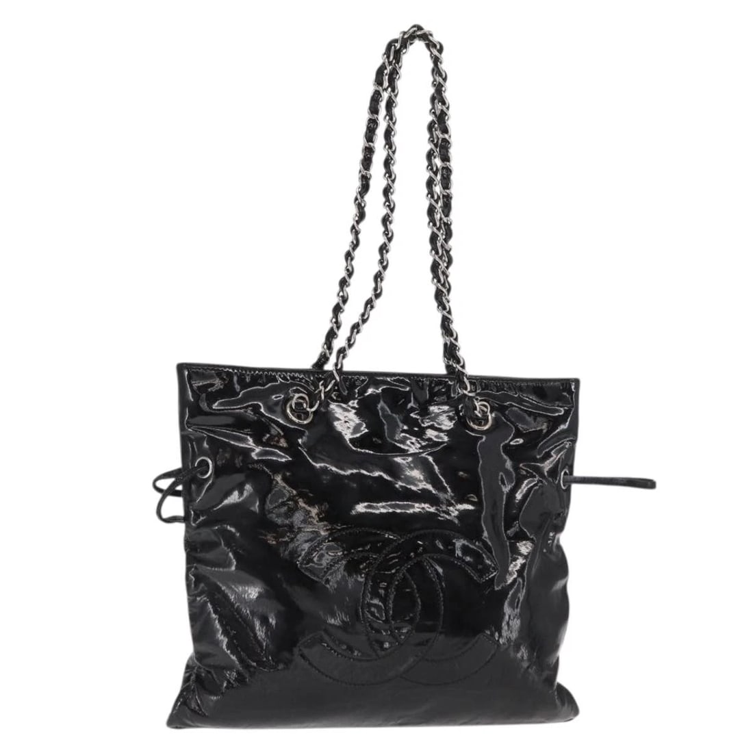 CHANEL CHAIN TOTE BAG PATENT LEATHER BLACK: CHANEL Chain Tote Bag Patent leather Black Brand: CHANEL Type/Style: Tote Bag Material: Patent Leather Color: Black/Silver Size: Size(Inch) W12.6 x H10.6 x D0.4inch(Approx) Accessories: None <
