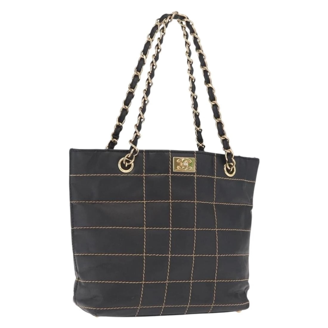 CHANEL CHOCO BAR CHAIN HAND BAG LEATHER: CHANEL Choco Bar Chain Hand Bag Leather Brand: CHANEL Type/Style: Hand Bag Material: Leather Color: Black/Gold Size: Size(Inch) W9.1 x H7.5 x D3.1inch(Approx) Accessories: None Accessories