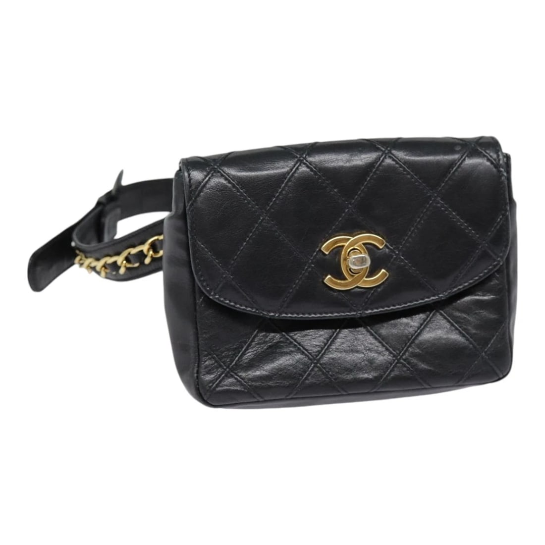 CHANEL BICOLORE TURN LOCK CHAIN WAIST BAG: CHANEL Bicolore Turn Lock Chain Waist bag Brand: CHANEL Type/Style: Waist bag Material: Leather Color: Black/Gold Size: Size(Inch) W5.5 x H3.9 x D1.2inch(Approx) Accessories: None Accessories Notice: