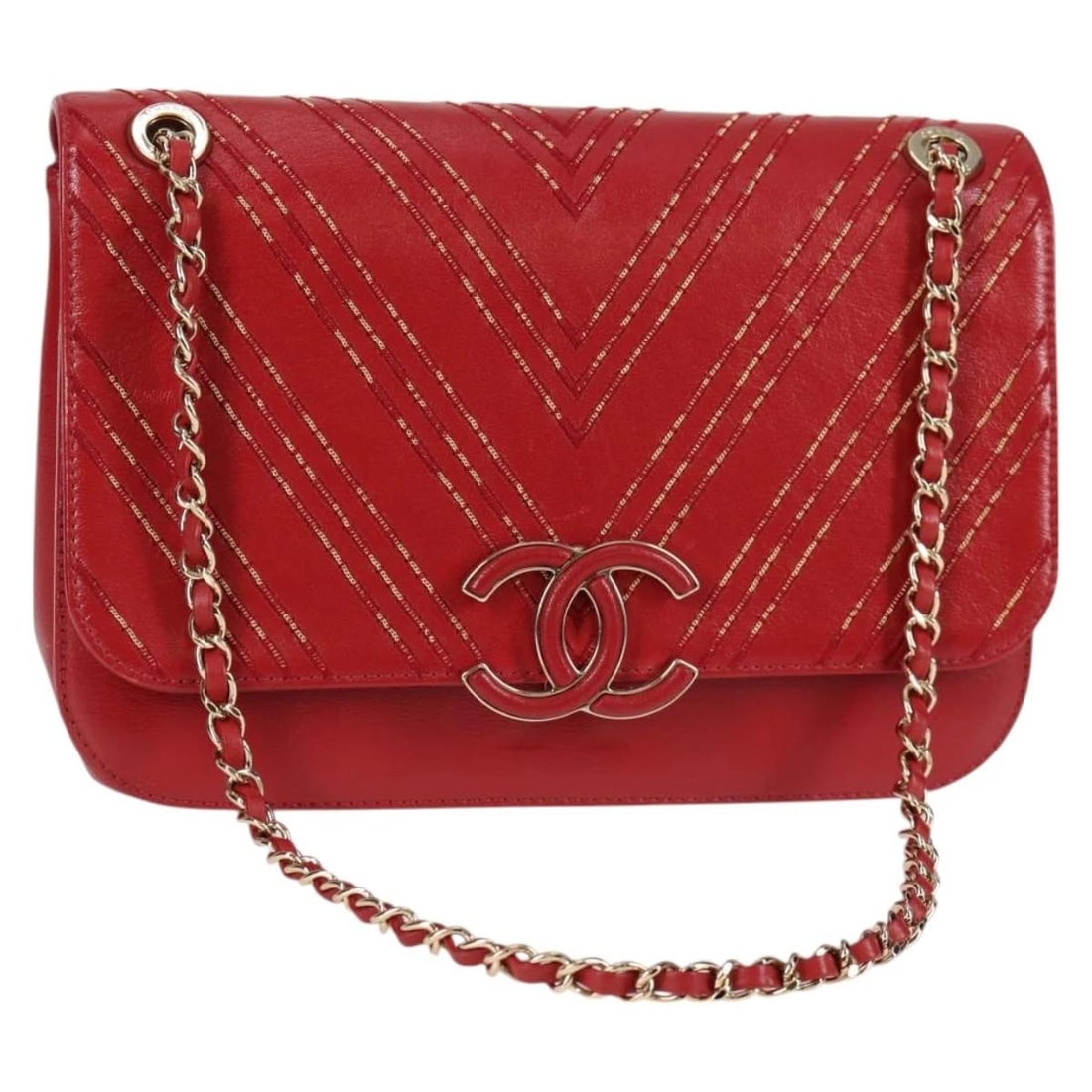 CHANEL CHAIN V STITCH SHOULDER BAG: CHANEL Chain V Stitch Shoulder Bag Brand: CHANEL Type/Style: Shoulder Bag Material: Lamb Skin Color: Red/Gold Size: Size(Inch) W9.8 x H6.7 x D2.0inch(Approx) Accessories: None Accessories