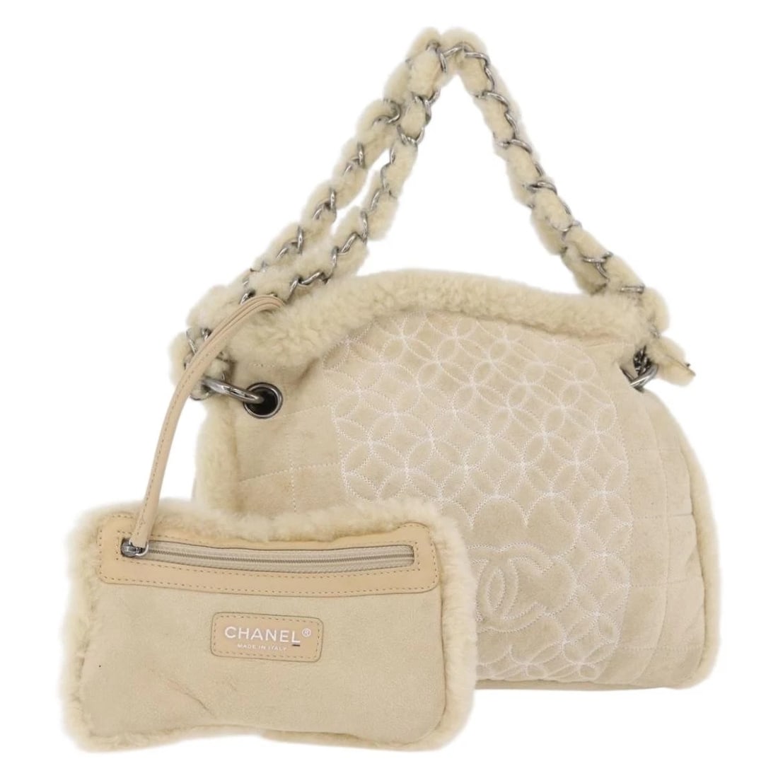 CHANEL CHOCO BAR CHAIN TOTE BAG MOUTON: CHANEL Choco Bar Chain Tote Bag Mouton Brand: CHANEL Type/Style: Tote Bag Material: Canvas Color: Ivory/Silver Size: Size(Inch) W11.0 x H8.3 x D3.9inch(Approx) Accessories: None Accessories Notice: