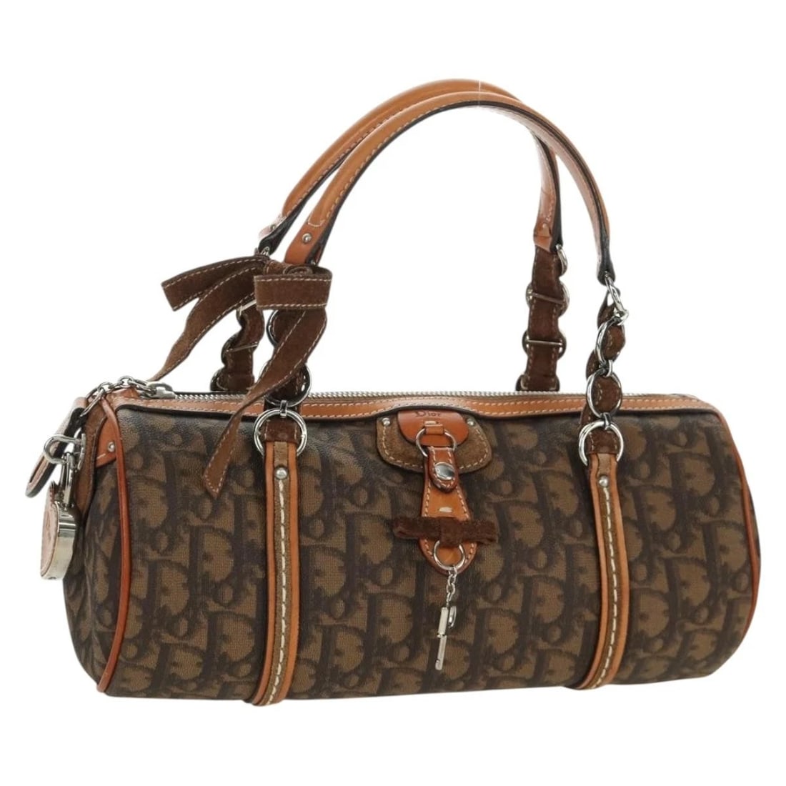 CHRISTIAN DIOR ROMANTIC TROTTER CANVAS HAND BAG: Christian Dior Romantic Trotter Canvas Hand Bag Brand: Christian Dior Type/Style: Hand Bag Material: PVC Leather Color: Brown/Silver Size: Size(Inch) W10.2 x H4.3 x D4.3inch(Approx) Accessories: None