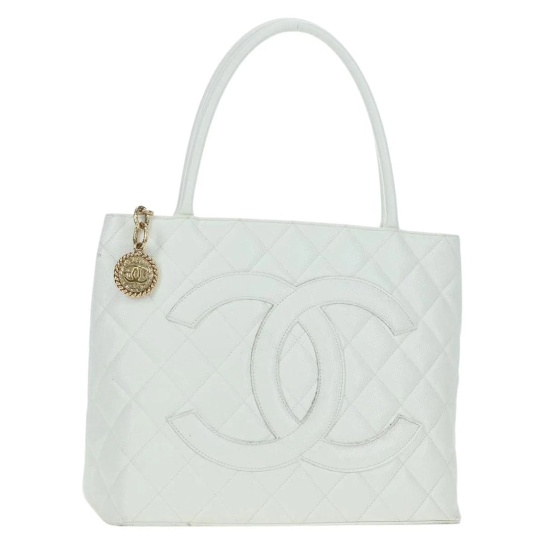 CHANEL MATELASSE REPRINT TOTE BAG: CHANEL Matelasse Reprint Tote Bag Brand: CHANEL Type/Style: Tote Bag Material: Caviar Skin Color: White/Gold Size: Size(Inch) W11.8 x H9.4 x D5.9inch(Approx) Accessories: None Accessories