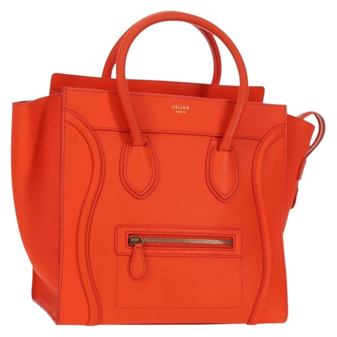CELINE LUGGAGE MINI SHOPPER HAND BAG: CELINE Luggage Mini Shopper Hand Bag Brand: CELINE Type/Style: Hand Bag Material: Leather Color: Orange/Gold Size: Size(Inch) W11.8 x H12.6 x D6.7inch(Approx) Accessories: None Accessories Notice:
