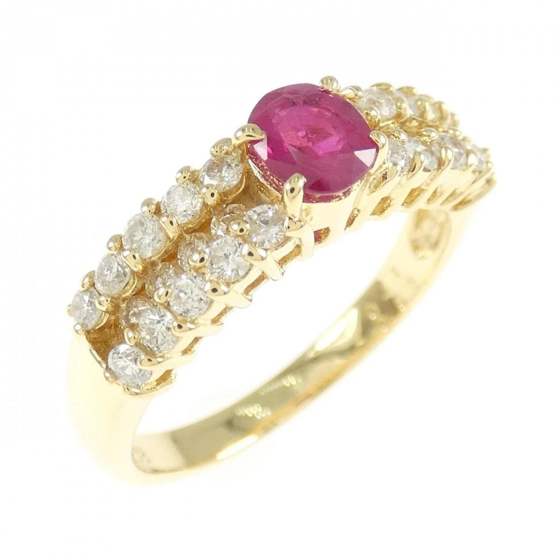 K18YG RUBY RING: K18YG Ruby Ring Brand: Unbranded Type/Style: Ruby Ring Material: K18 yellow gold, Main Stone/Creation RubySecondary Stone Diamond Color: Yellow Gold Size: US 6 1/4 Accessories: None Accessories