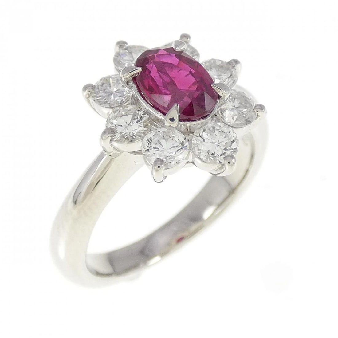 PT900 RUBY RING: PT900 Ruby Ring Brand: Unbranded Type/Style: Ruby ring Material: Platinum900, Main Stone/Creation Ruby Secondary stone diamond Color: Silver Size: US 4.75 Accessories: None Accessories Not