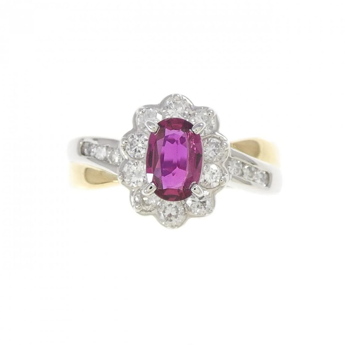 PT900/K18YG RUBY RING: PT900/K18YG Ruby Ring Brand: Unbranded Type/Style: Ruby Ring Material: Platinum 900 / K18 yellow gold, Main Stone/Creation Ruby Secondary stone diamond Color: YG,Silver Size: US 5 3/4 Accessories: