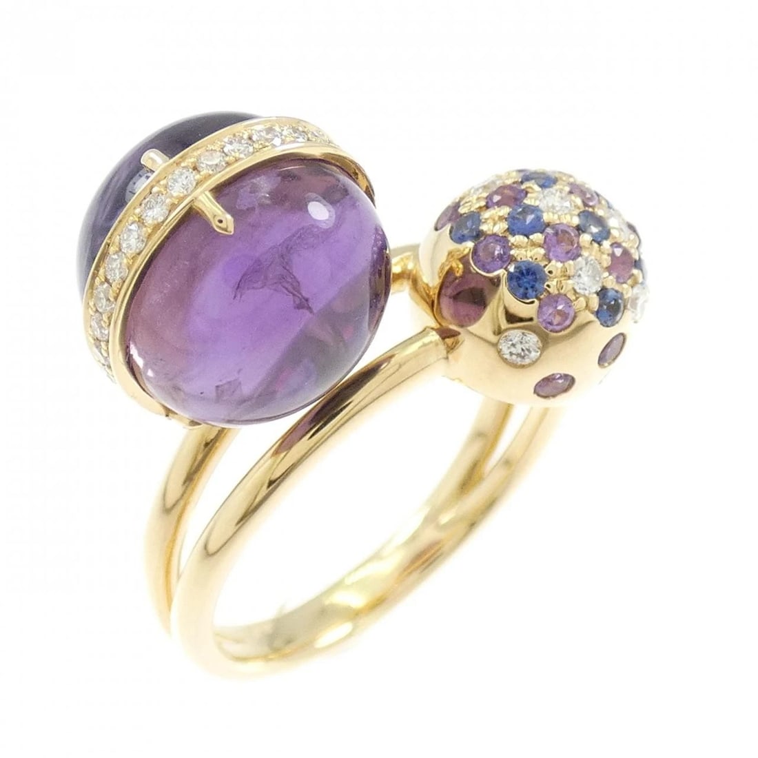 K18YG COLOR STONE RING: K18YG color stone ring Brand: Unbranded Type/Style: Amethyst Ring Material: K18 yellow gold, Main Stone/Creation AmethystSecondary Stone Diamond/Sapphire Color: Yellow Gold Size: US 7 Accessories: