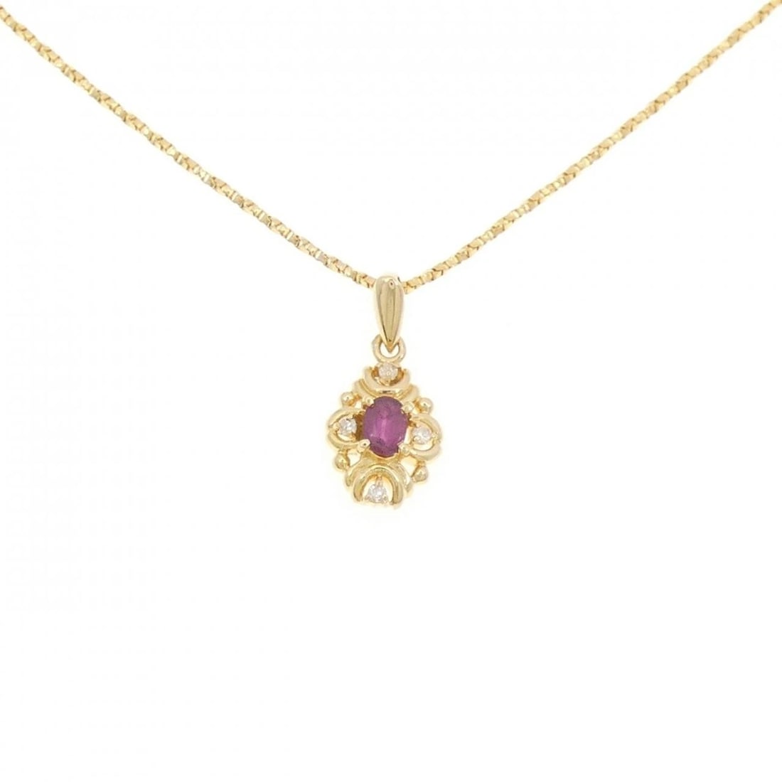 18K YELLOW GOLD RUBY NECKLACE: 18K Yellow Gold Ruby Necklace Brand: Unbranded Type/Style: Ruby Necklace Material: K18 Yellow Gold, Main Stone/Creation Ruby Secondary Stone Diamond Color: Yellow Gold Size: 40cmActual Size Pendant