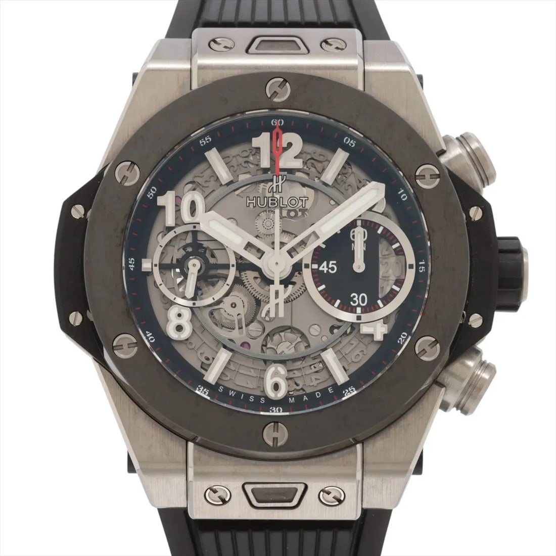 HUBLOT BIG BANG UNICO TI X RUBBER SKELETON DIAL, WATCH: Hublot Big Bang Unico TI x rubber Skeleton dial, Watch Brand: Hublot Type/Style: Wristwatch Material: Ti & rubber Color: Skeleton dial Size: Case:W1.6 x H1.6inch / W40 x H40 Circumference of Wrist:8.1