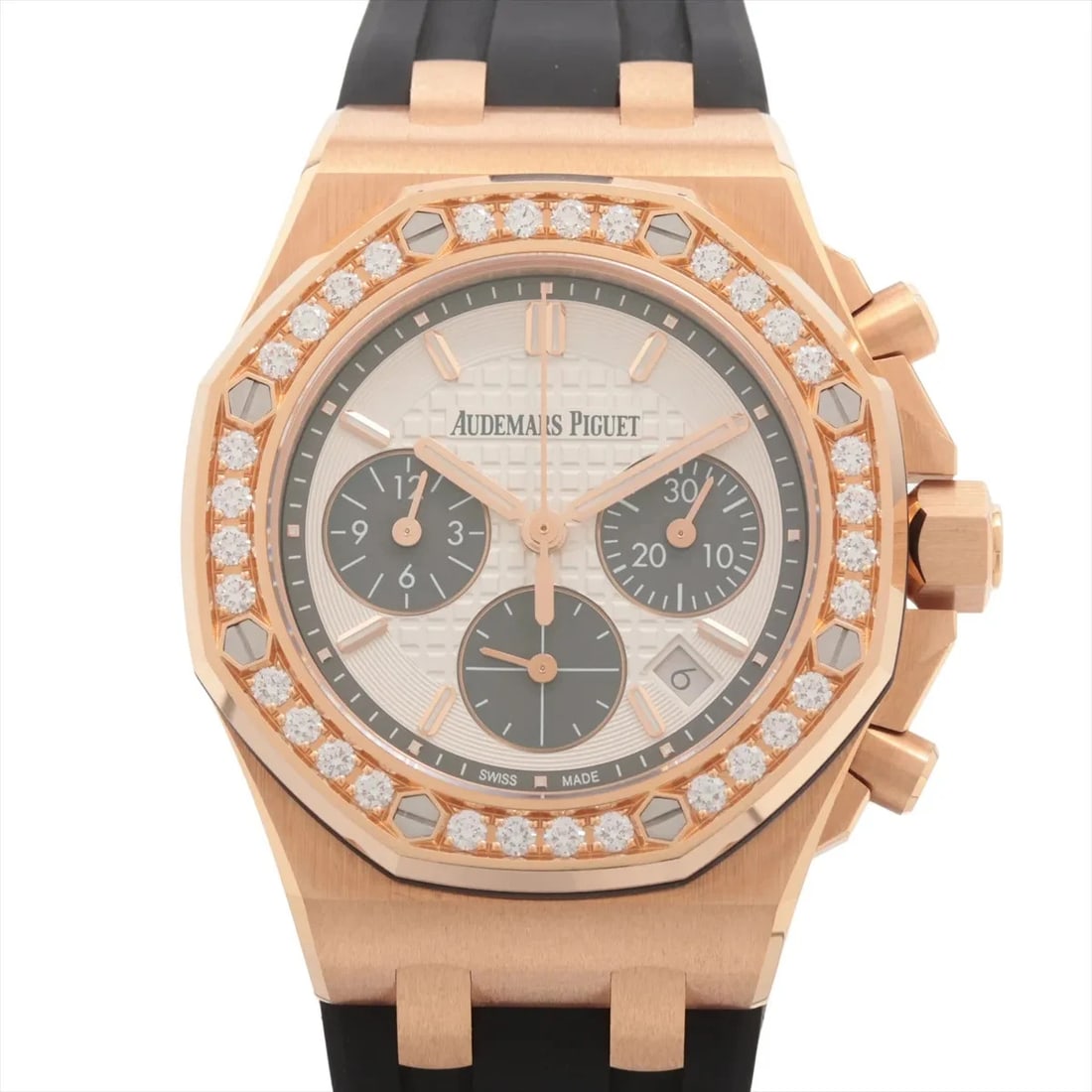 AUDEMARS PIGUET LADY ROYAL OAK PG & RUBBER SILVER-FACE, WATCH: Audemars Piguet Lady Royal Oak PG & rubber Silver-Face, Watch Brand: Audemars Piguet Type/Style: Wristwatch Material: PG & rubber Color: Silver-Face Size: Case:W1.2 x H1.2inch / W37 x H37 Circumferenc