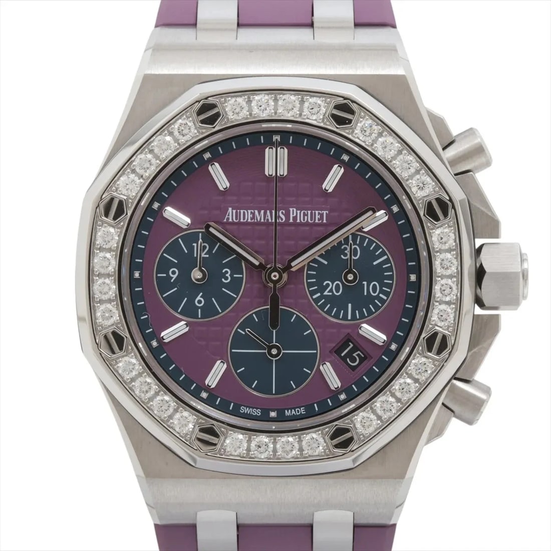 AUDEMARS PIGUET LADY ROYAL OAK OFFSHORE SS & RUBBER BLACK DIAL, WATCH: Audemars Piguet Lady Royal Oak Offshore SS & Rubber black dial, Watch Brand: Audemars Piguet Type/Style: Wristwatch Material: SS & Rubber Color: purple Size: Case:W1.2 x H1.2inch / W37 x H37 Acces