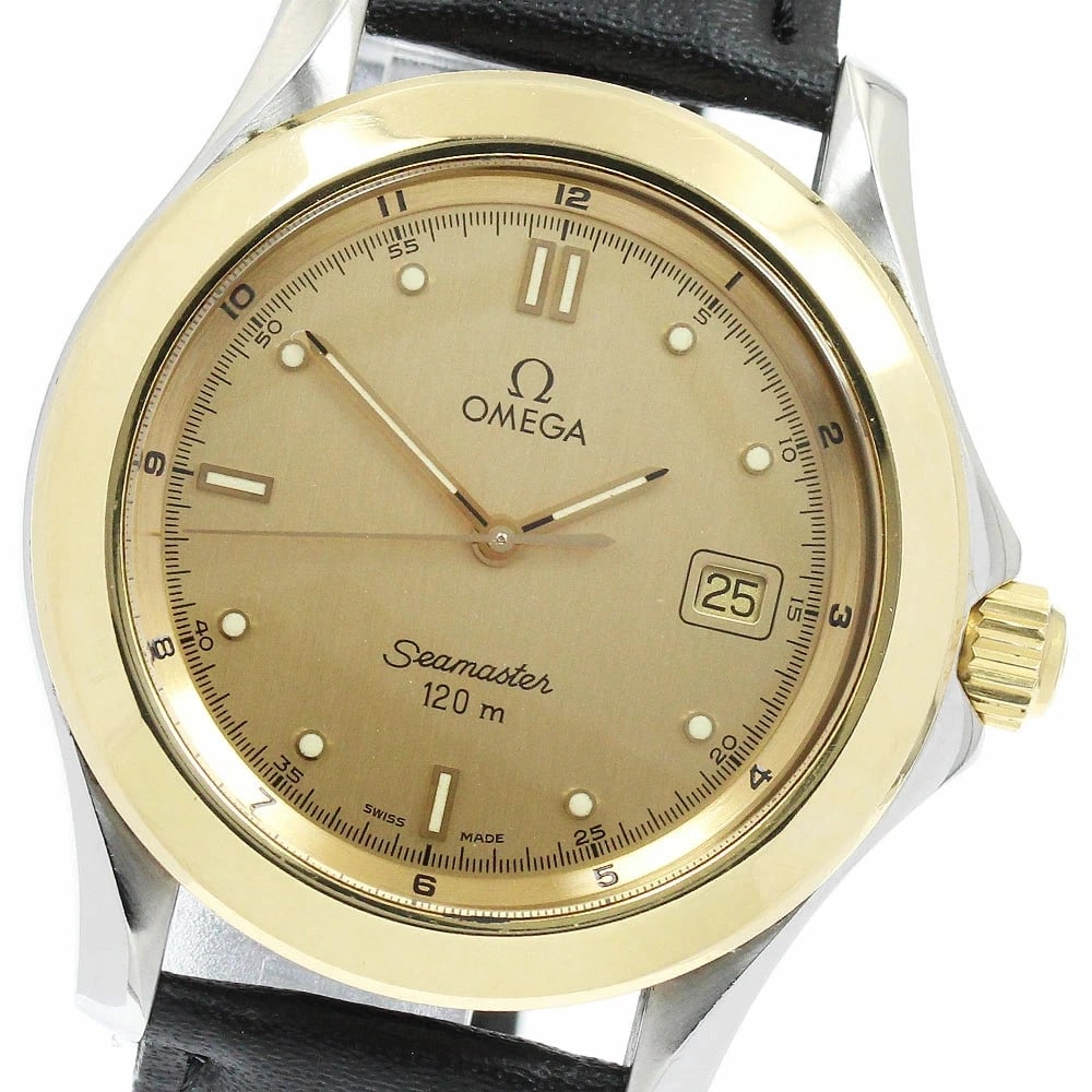 OMEGA SEAMASTER YG BEZEL QUARTZ MEN?S WATCH: Omega Seamaster YG Bezel Quartz Men?s Watch Brand: Omega Type/Style: Wristwatch Material: Case Material: Stainless Steel / Yellow Gold Band Material: Leather Color: Dial Color gold Size: Case Size