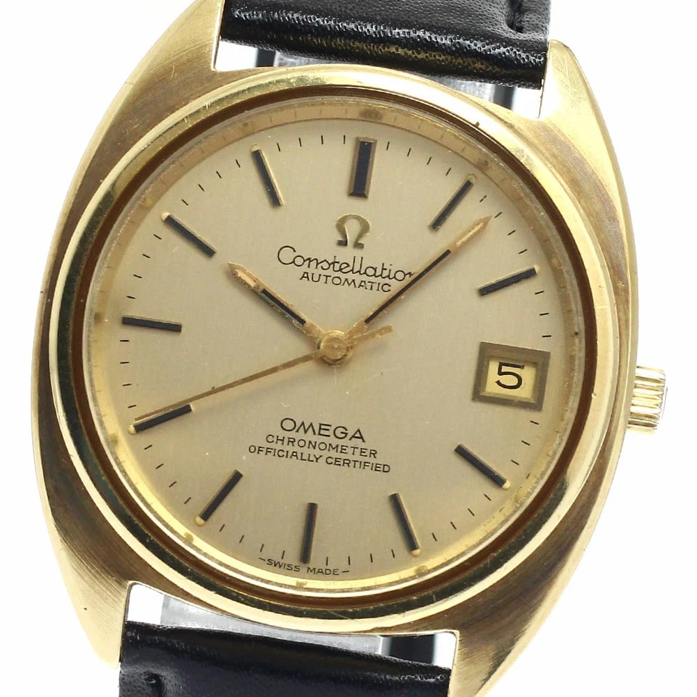 OMEGA CONSTELLATION DATE AUTOMATIC MEN'S WATCH: Omega Constellation Date Automatic Men's Watch Brand: Omega Type/Style: Wristwatch Material: Case Material: Stainless Steel / Gold Plated Band Material: Leather Color: Dial Color gold Size: Case Size 