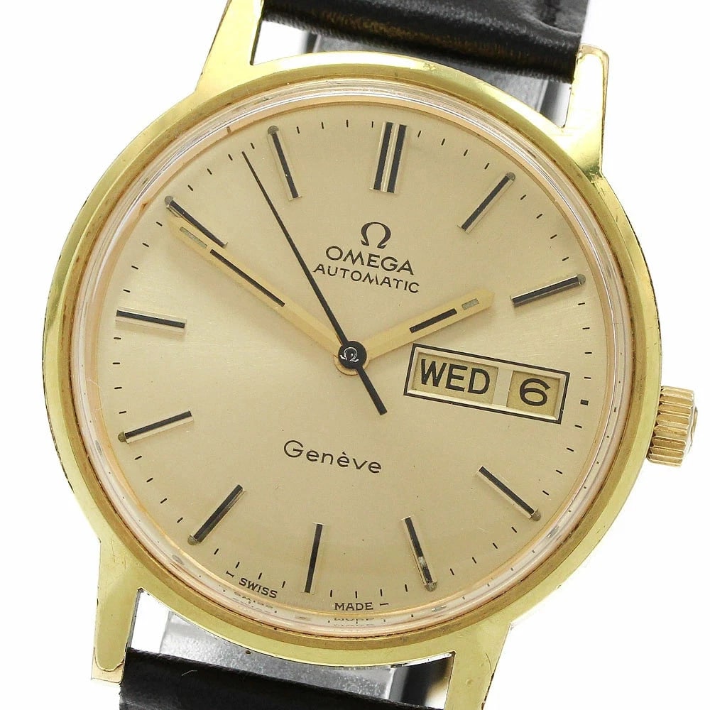 OMEGA GENEVA DAY DATE AUTOMATIC MEN'S, WATCH: Omega Geneva Day Date Automatic Men's, Watch Brand: Omega Type/Style: Wristwatch Material: Case Material: Stainless Steel/Gold Plated Band Material: Leather Color: Dial Color gold Size: Case Size