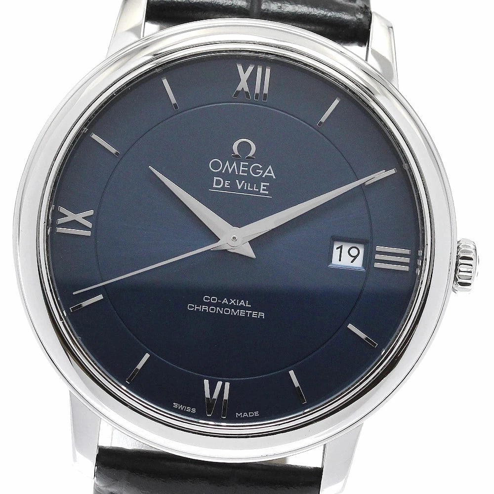 OMEGA DEVIL PRESTIGE CO-AXIAL AUTOMATIC MEN'S WATCH: Omega Devil Prestige Co-Axial Automatic Men's Watch Brand: Omega Type/Style: Wristwatch Material: Case Material: Stainless Steel Band Material: Leather Color: Dial Color navy Size: Case Size (W): Appr