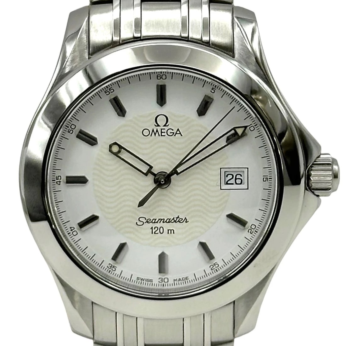 OMEGA SEAMASTER QUARTZ WHITE IVORY STAINLESS STEEL MEN'S WATCH: Omega Seamaster Quartz White Ivory Stainless Steel Men's Watch Brand: Omega Type/Style: Wristwatch Material: Case Material: Stainless Steel Color: Dial Color white Size: Case Diameter: Approximately