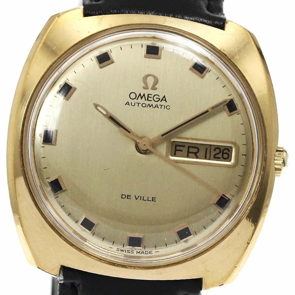OMEGA DE VILLE DAY DATE AUTOMATIC MEN'S WATCH: Omega De Ville Day Date Automatic Men's Watch Brand: Omega Type/Style: Wristwatch Material: Case Material: Stainless Steel with Gold Plating Band Material: Leather Color: Dial Color gold Size: Case Si