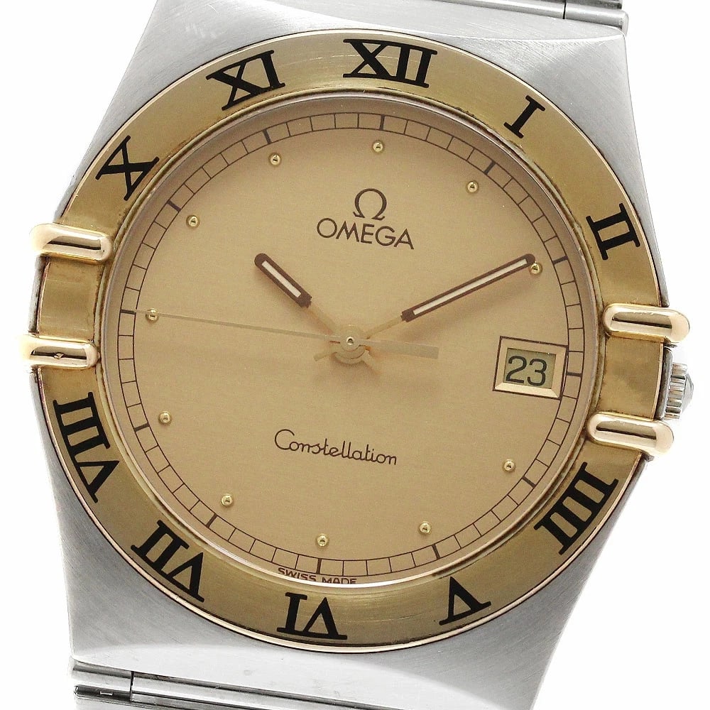 OMEGA CONSTELLATION DATE YELLOW GOLD BEZEL QUARTZ MEN'S WATCH: Omega Constellation Date Yellow Gold Bezel Quartz Men's Watch Brand: Omega Type/Style: Wristwatch Material: Case Material: Stainless Steel / Yellow Gold Band Material: Stainless Steel Color: Dial Colo
