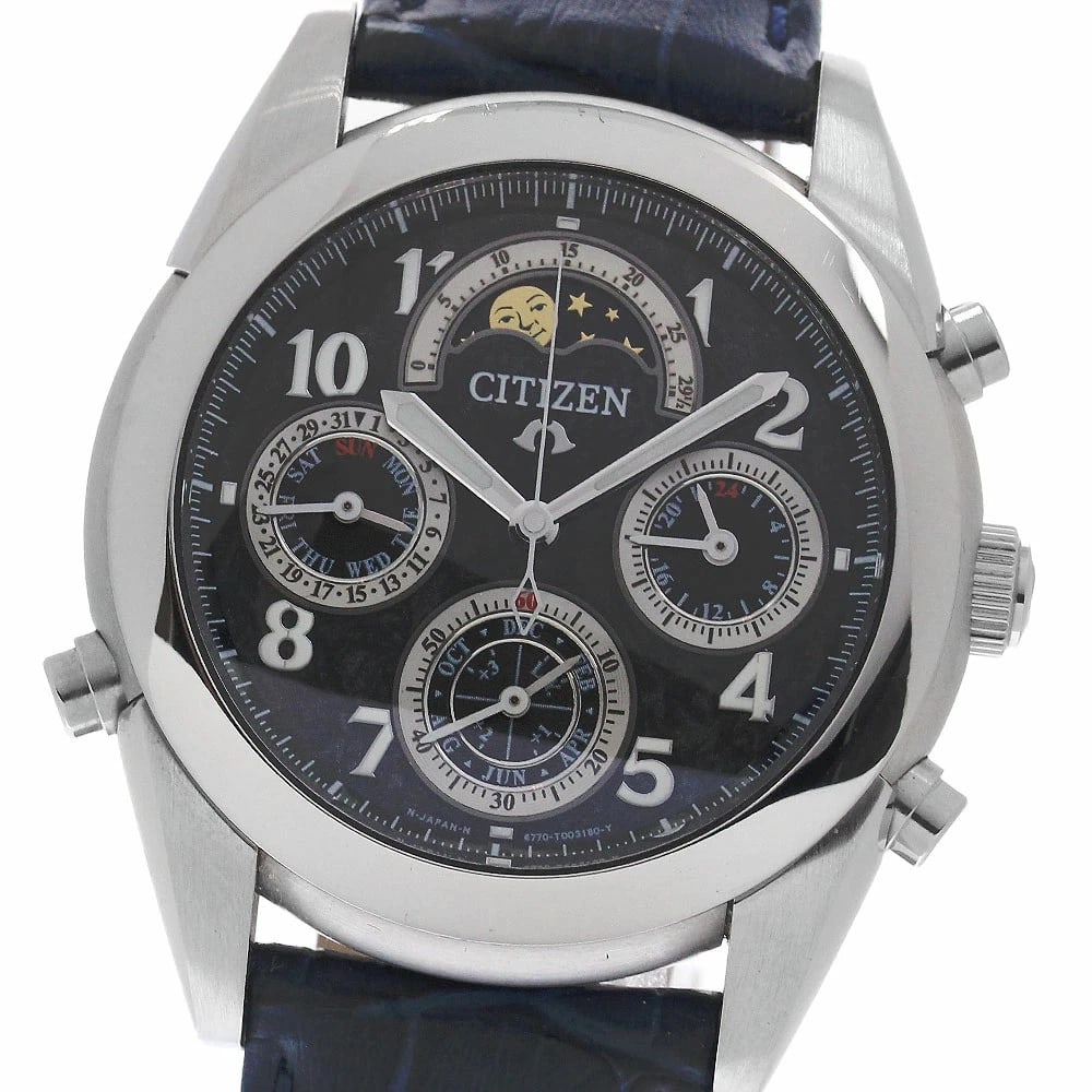 CITIZEN CAMPANOLA BLACK OAK GRAND COMPLICATION QUARTZ WATCH: Citizen Campanola Black Oak Grand Complication Quartz Watch Brand: Citizen Type/Style: Wristwatch Material: Case Material: Stainless Steel Band Material: Leather Color: Dial Color black Size: Case