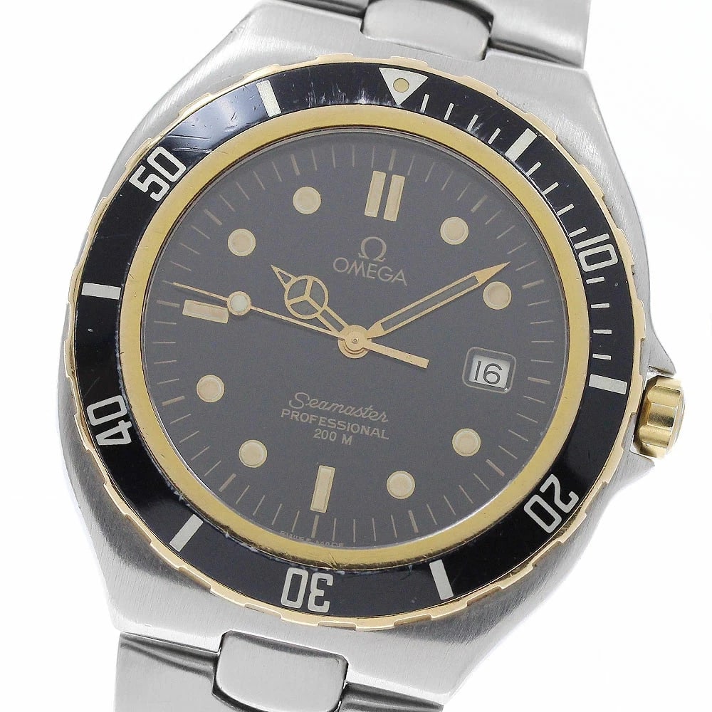 OMEGA SEAMASTER YG BEZEL QUARTZ MEN'S WATCH: Omega Seamaster YG Bezel Quartz Men's Watch Brand: Omega Type/Style: Wristwatch Material: Case Material: Stainless Steel/Yellow Gold Band Material: Stainless Steel Color: Dial Color black Size: Case S