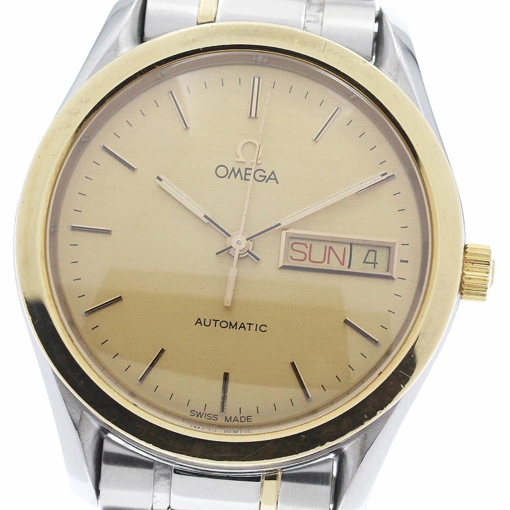 OMEGA GENEVE DAY-DATE AUTOMATIC WATCH: Omega Geneve Day-Date Automatic Watch Brand: Omega Type/Style: Wristwatch Material: Case Material: Stainless Steel / Yellow GoldBand Material: Stainless Steel / Yellow Gold Color: Dial Color gold Size