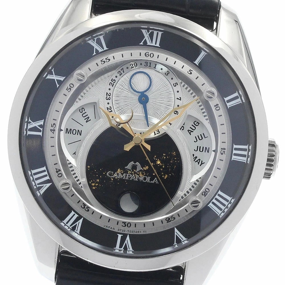 CITIZEN CAMPANOLA TENMANBOSHI TRIPLE MOON PHASE QUARTZ WATCH: Citizen Campanola Tenmanboshi Triple Moon Phase Quartz Watch Brand: Citizen Type/Style: Wristwatch Material: SS leather Color: Dial Color silver black Size: Case Size (W): Approximately 44mm Band