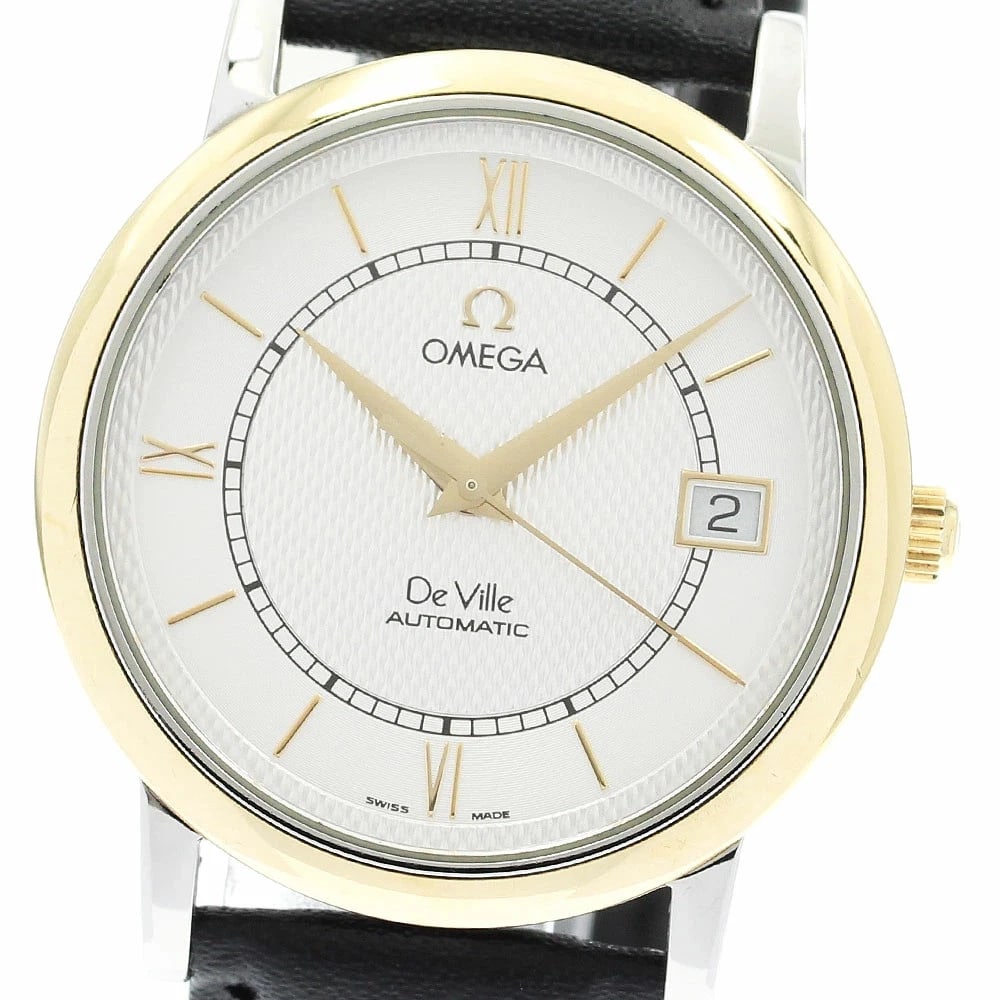 OMEGA DEVIL PRESTIGE DATE GOLD BEZEL AUTOMATIC MEN'S WATCH: Omega Devil Prestige Date Gold Bezel Automatic Men's Watch Brand: Omega Type/Style: Wristwatch Material: Case Material: SS/YG (Stainless Steel/Yellow Gold) Band Material: Leather Color: Dial Color sil