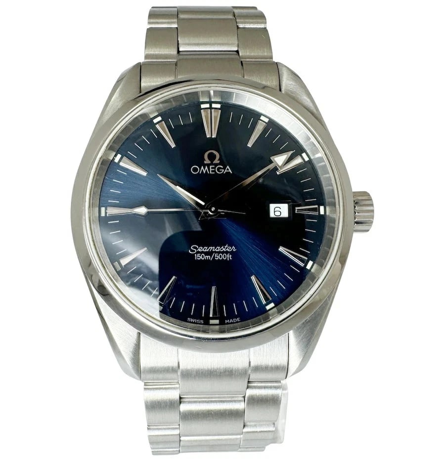 OMEGA SEAMASTER AQUA TERRA, WATCH: OMEGA Seamaster Aqua Terra, Watch Brand: OMEGA Type/Style: Wrist watch Material: Case Material Stainless Band Material Stainless Steel Color: Dial Color Blue Band Color Silver Size: [ Case size ]