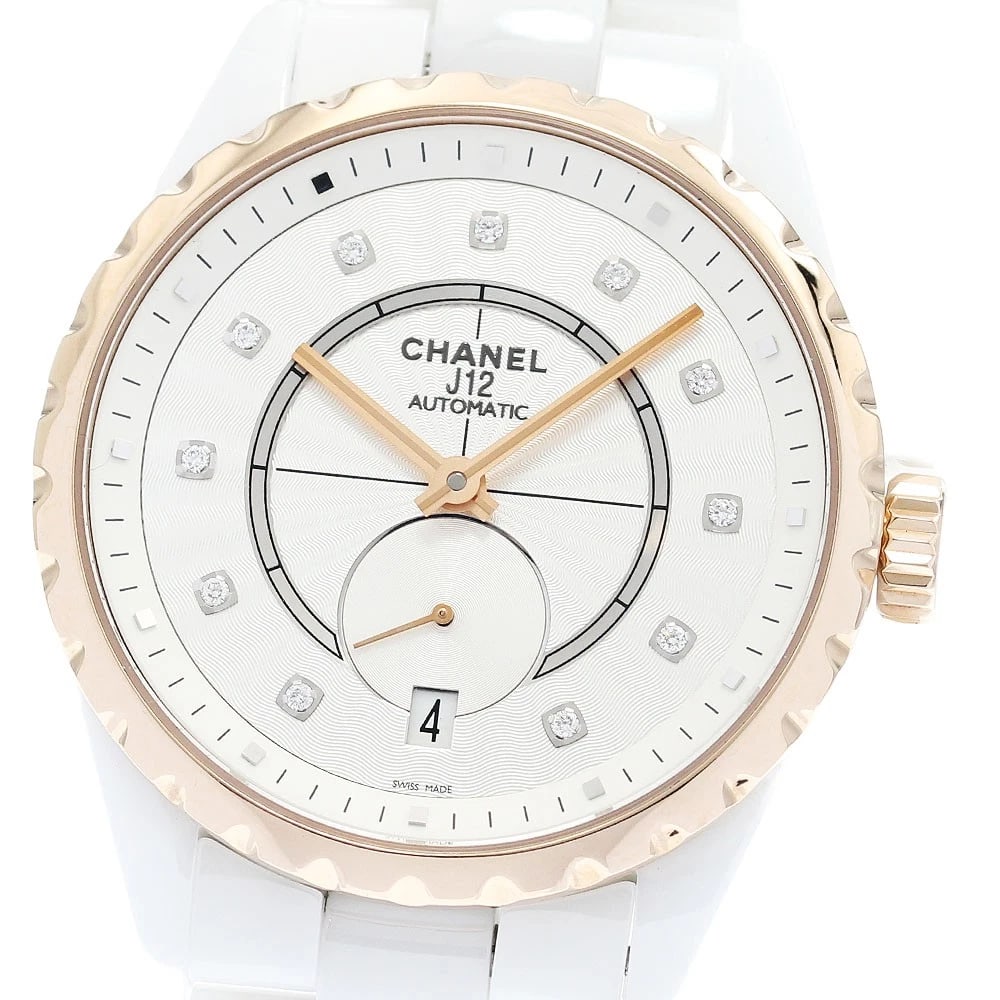 CHANEL J12 DIAMOND DATE SILVER AUTOMATIC WATCH: CHANEL J12 Diamond Date Silver Automatic Watch Brand: CHANEL Type/Style: Wristwatch Material: Band Material ceramic, Case Material Stainless Steel/Ceramic/PG Color: Band Color white, Dial Color